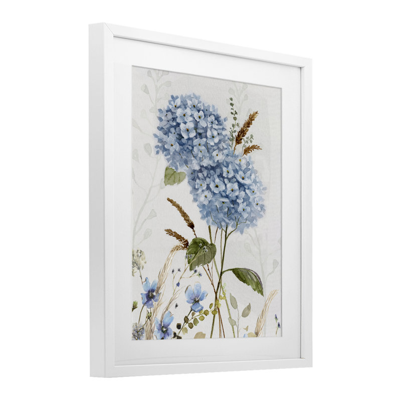Blue Hydrangea Allure Framed Print Under Glass, design by Nan, 16" H x 13" W, Coastal White Frame