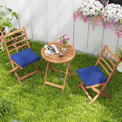 3 Pcs Acacia Wood Patio Bistro Set Folding Outdoor Table And Chairs With Cushions by Winston Porter