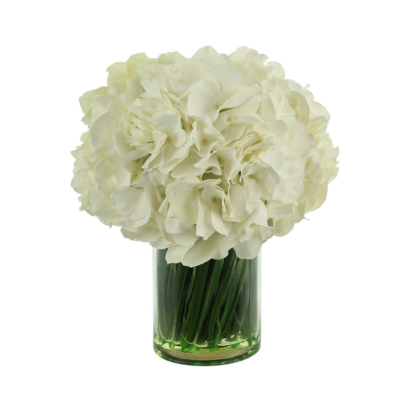 Hydrangeas in Glass Vase with Grass