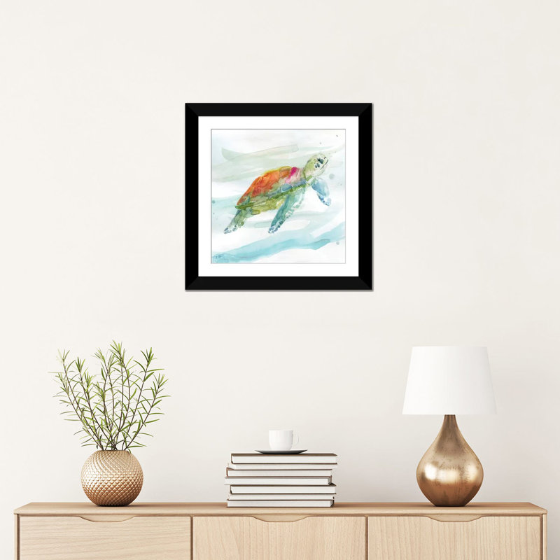 Carol Robinson " Turtle Tropics I " by Carol Robinson, 16" H x 16" W x 1" D, Black Framed Fine Art Paper, White
