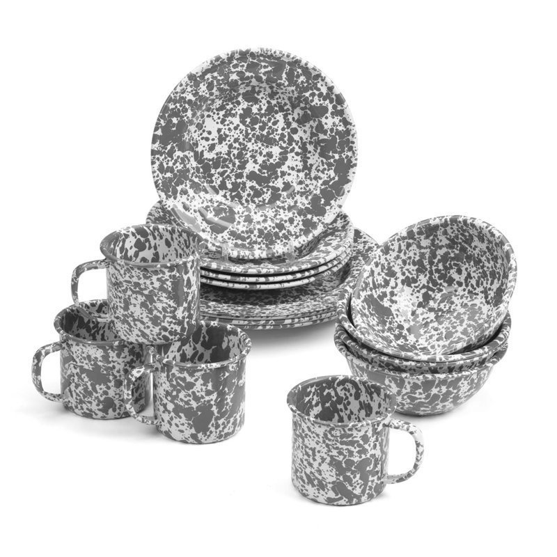 Crow Canyon Enamelware Splatter 16 Piece Dinnerware Set, Grey