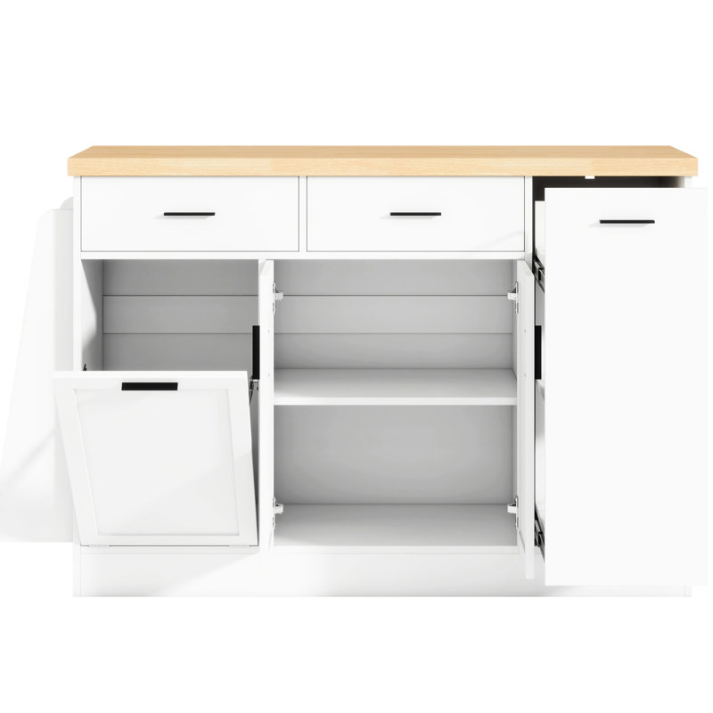 Buffet de rangement multifonctionnel avec étagère à épices à 3 niveaux, poubelle cachée et armoire à porte coulissante. Conception à deux tons pour le rangement des canettes de la salle à manger de la cuisine, beaucoup d'espace