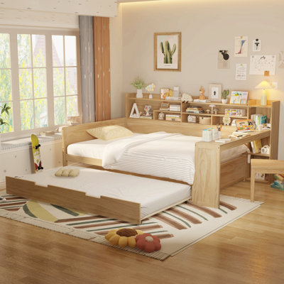Wooden Full Size Daybed With Storage Shelves, Multi-Functional Bed With Twin Size Trundle Bed And Study Desk