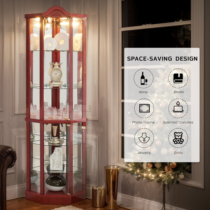 Corner Curio Cabinet, 72" H Lighted Glass Display Cabinet with 6 Adjustable Shelves, China Cabinet with Tempered Glass Doors, Light Blub Included, Rack for Living Room