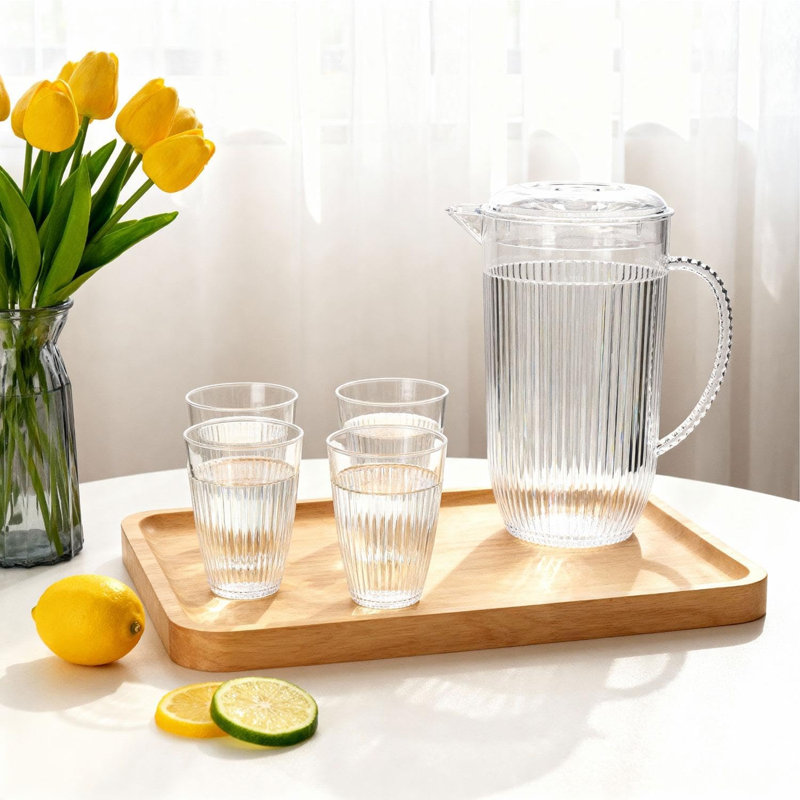 Plastic Water Jug 2L With Lid And 4 Cups BPA Free Shatterproof Drink Set Juice Lemonade Iced Tea Pitcher Outdoor Indoor Use Clear Flute