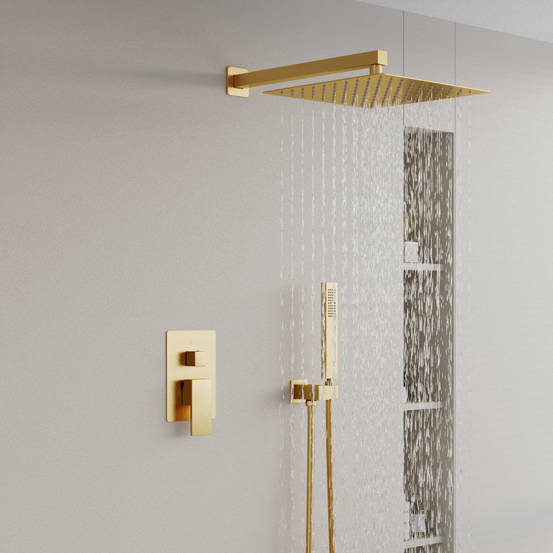 12 po Pomme de douche avec douchette à main et valve à pression équilibrée, or brossé