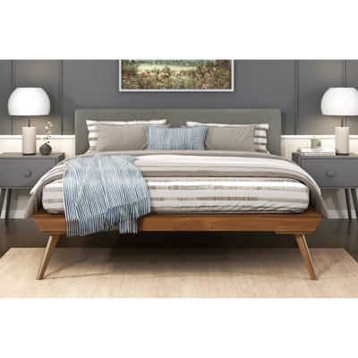 Lit plateforme double avec revêtement texturé châtaignier et tête de lit gris foncé