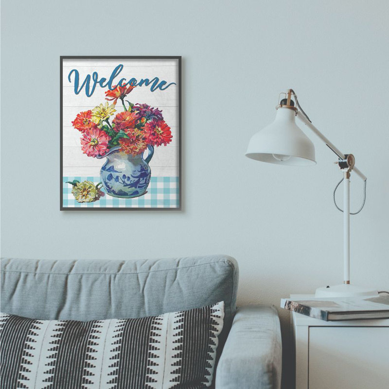 « welcome fleur pot blue écossais rustique », impression, H 24 po x l 30 po, Giclée encadrée noir minuit
