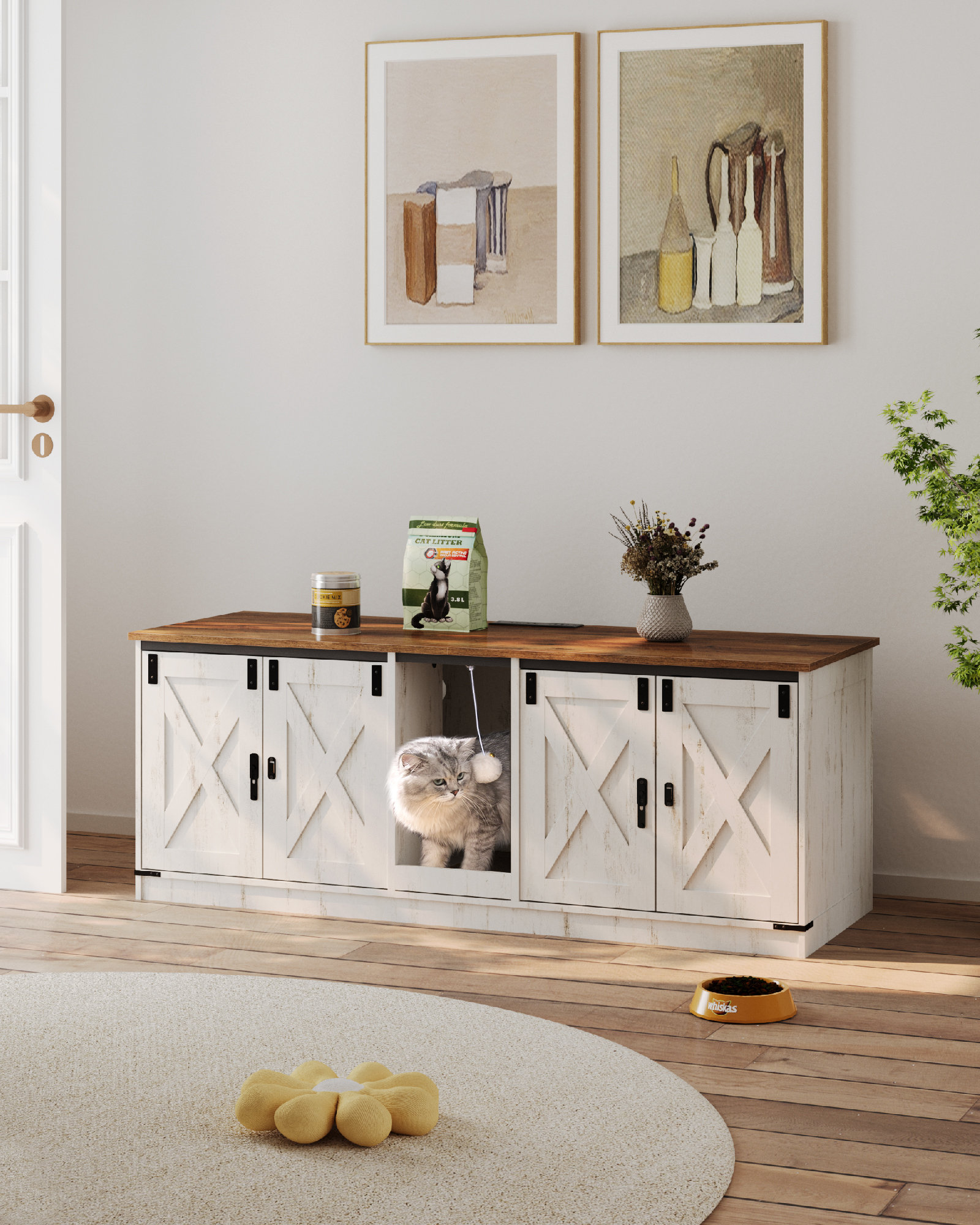 Archie & Oscar™ Cat Litter Box Enclosure for 2 Cats,55.2" Hidden Litter Box Furniture Cabinet with USB Ports & Power Outlets, Indoor Cats House with Cat Bell, Farmhouse Style, Rustic Brown and White & Reviews | Wayfair