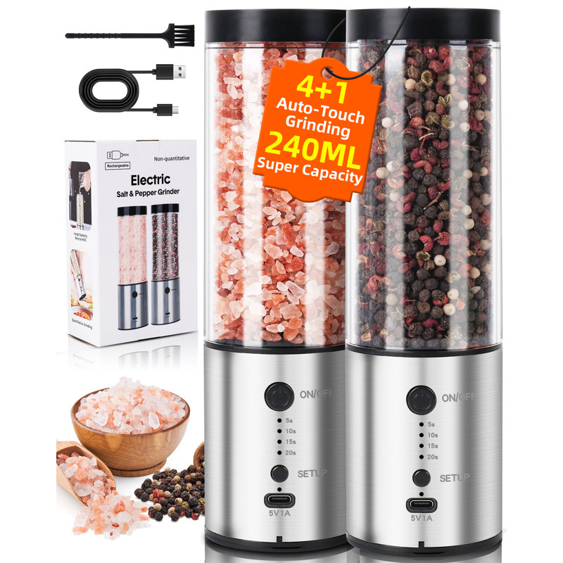 Electric Salt and Pepper Grinder Set, 240ML Largest Capacity Automatic Mill with 4 Timing Settings USB-C Rechargeable(2 Pack)