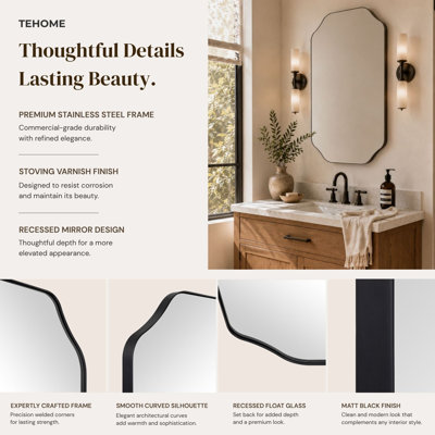 Kudi Scalloped Black Bathroom Mirror Decorative Matt Black Metal Framed Irregular Bathroom Vanity Mirror Wall Mounted 36 x 24''