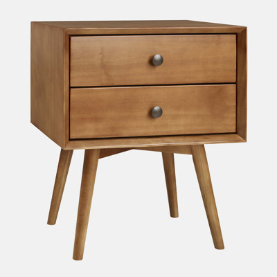 Mid-Century Modern Double-Drawer Solid Wood Nightstand - Caramel -  George Oliver, CF53AC6186914625A2068E457F3F44A6