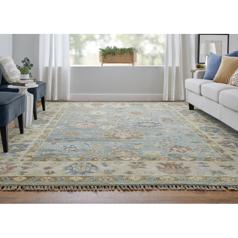 Abinesh Wool Floral Area Rug, Rectangle 2' x 3', Blue/Ivory