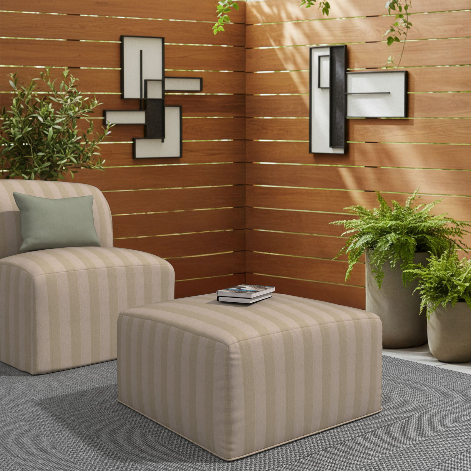 Praia Sunbrella® Outdoor Ottoman, 16" H x 29" W x 29" D, Expressive Sparrow Striped Sunbrella®