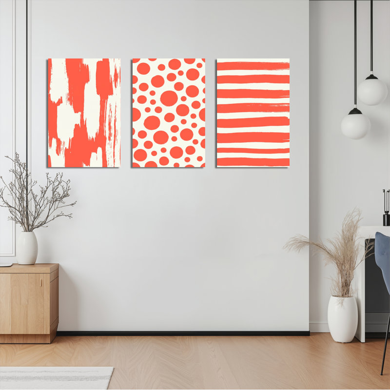 Ensemble de 3 tableaux abstraits à pois rouges et blancs, imprimés au pinceau, H 18 po x l 36 po