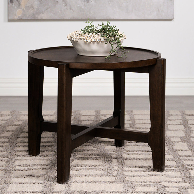 Round Solid Wood End Table, Dark Brown