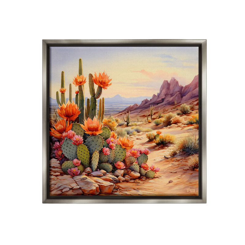 «Cactus Flower Landscape» par RB sur, H 18 po x l 18 po, Cadre flottant gris lustré