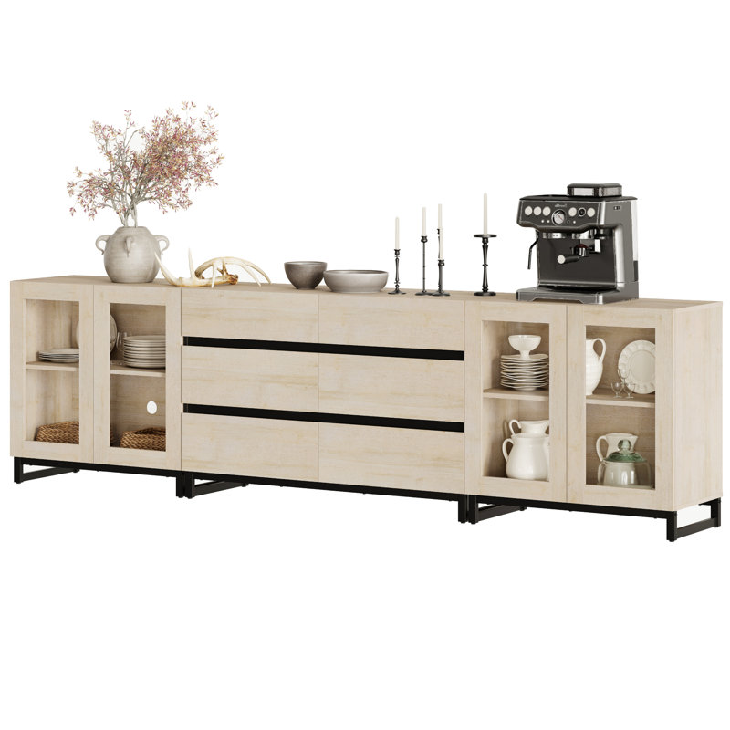3 In 1 Multifunctional Sideboard Buffet Cabinets With Glass Doors And 6 Drawers, Modern Sideboard Credenza With Adjustable Shelf And Metal Base, Coffee Bar Cabinet Storage Cabinet