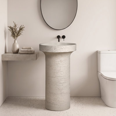 19'' Round Solid Surface Pedestal Bathroom Sink with Natural Travertine Texture