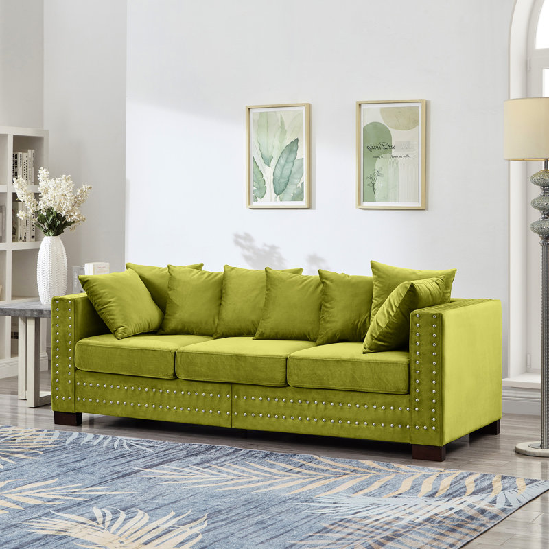 3 sièges, velours, design contemporain, carré, décoration clous argentés, ressorts ensachés, housses de coussin amovibles, structure en bois massif, siège de rangement de style moderne avec accoudoirs et clous,