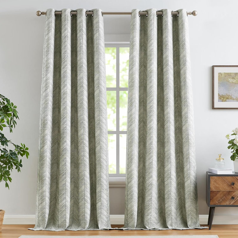 Rideaux à œillets en jacquard avec motif à chevrons pour le salon, Vert, L 50 po x L 96 po