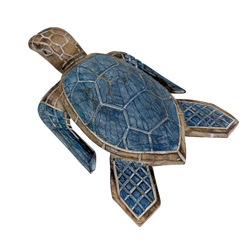 Figurine décorative de tortue marine en bois bleu côtier, avec détails sculptés blanchis à la chaux, 30 cm de large