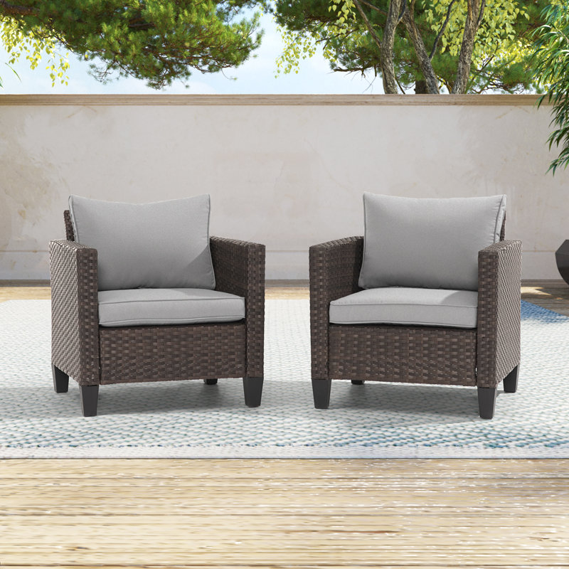 2-Set Outdoor Brown PE Wicker Chairs Wide Seat High Back Chair With Cushions Design for Lawn, Patio and Porch, Light Gray