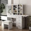 Élégant meuble-lavabo avec lumières DEL réglables, tablettes ouvertes et 5 tiroirs pour le maquillage et le rangement, parfait pour les chambres à coucher modernes