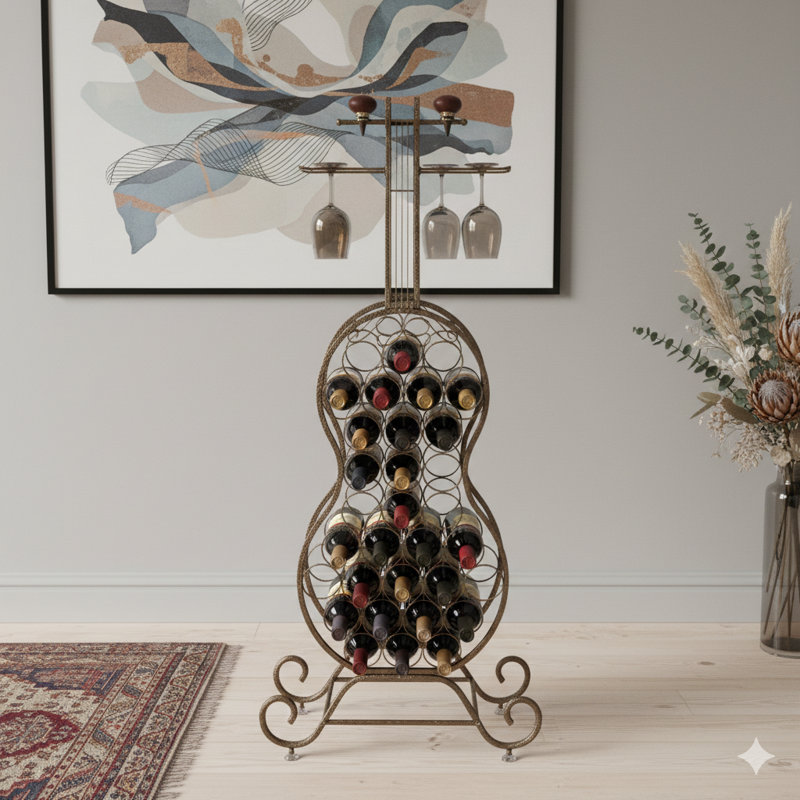 Freestanding Storage Unit Shaped Like A Cello, Functioning As A Wine Rack With Space For Bottles. This Piece Provides Storage For Liquor And Wine, Acting As An Organizer Suitable For Home Bars In Kitchens Or Dining Rooms.