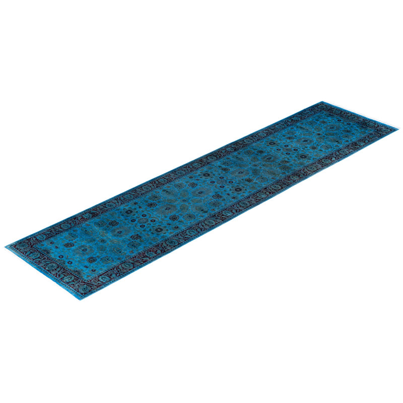 Tapis de couloir unique noué à la main Fine Vibrance - bleu, 2 pi 6 po x 11 pi 1 po