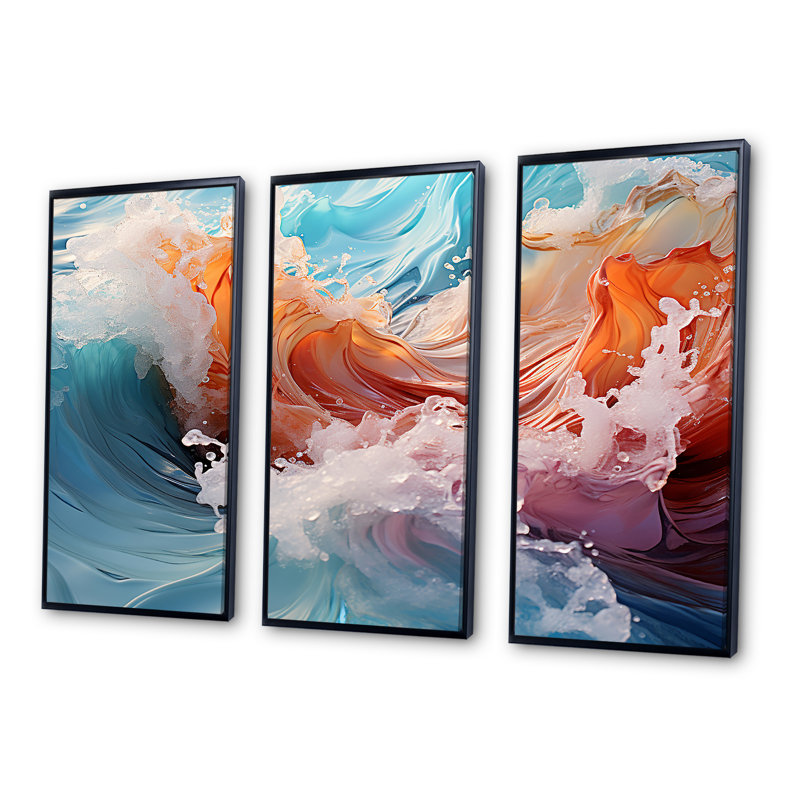 «Beach Waves Fusion I», ensemble d'art sur toile, Cadre flottant noir, H 32 po x l 48 po x P 1 po