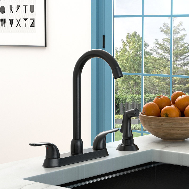 Kitchen Sink Faucet With 2 Handles And Pull-Out Side Sprayer, 4-Hole Installation,, Matte Black