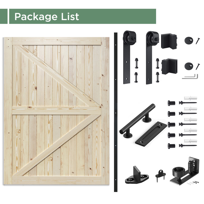 Porte de grange à panneaux en bois massif avec trousse de quincaillerie d'installation, Non fini, 60 po x 96 po