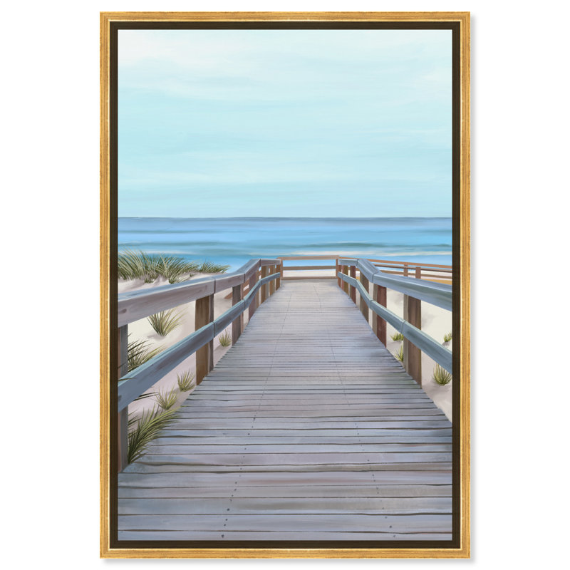 Plage avec vue - reproduction sur toile, Toile encadrée d'or, H 15 po x l 10 po