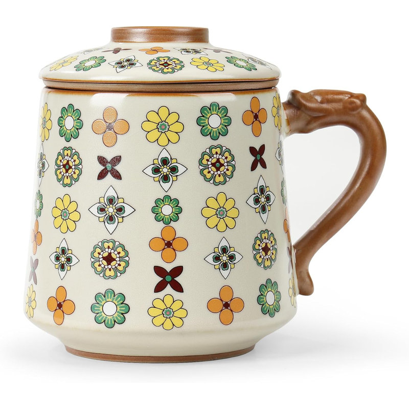 Tasse à thé en porcelaine rétro avec couvercle et infuseur, tasse à café en céramique Ruyao, tasse à thé à imprimé rétro