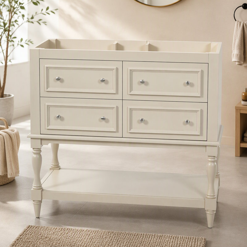 Armoire de salle de bain 36 po, ensemble de meuble-lavabo autoportant avec 4 tiroirs, structure en bois massif, beige, Beige