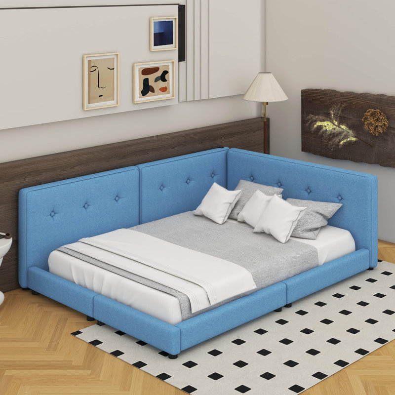 Lit plateforme tapissier avec ports USB, Bleu, Grand lit