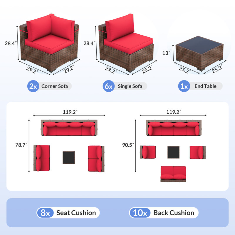 Ensemble de conversation modulaire en rotin avec table basse, Rouge