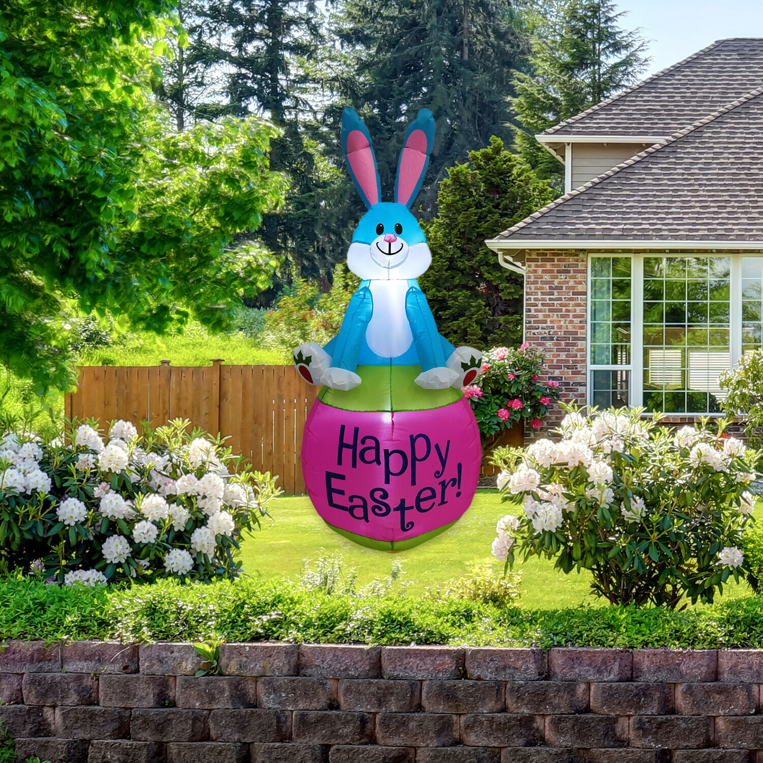 The Holiday Aisle® 5-Ft. Tall Blue Bunny Rabbit Sitting On A Happy Easter Egg, Outdoor/Indoor Blow Up Spring Inflatable With Lights