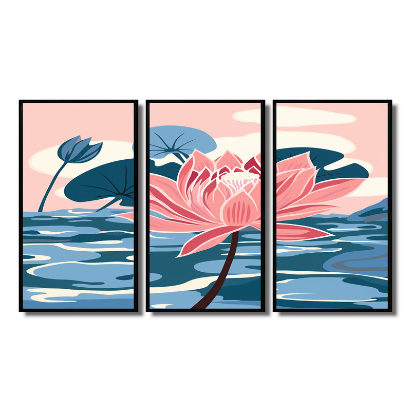 Fleur de lotus rose sur un étang bleu - ensemble d'impression d'art mural lotus, Cadre flottant noir