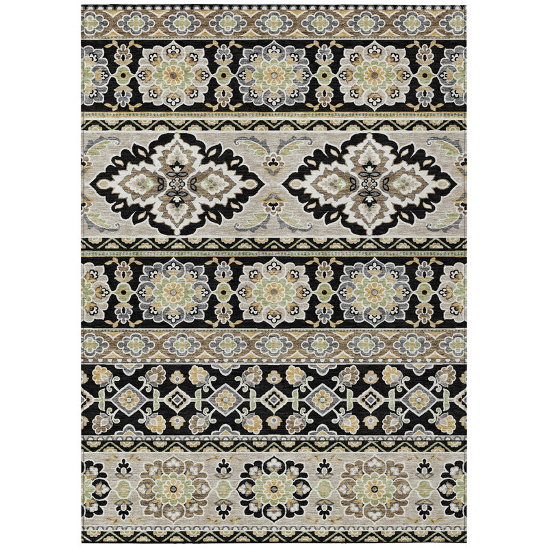 Machine Washable Indoor/Outdoor Chantille ACN2677 Tribal Rug, 5' x 7'6", Black