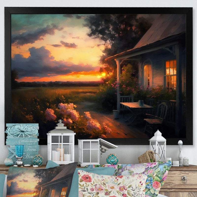 «Warm Summer Sunset at the Cottage Porch», reproduction sur toile, Impression noire sur toile encadrée