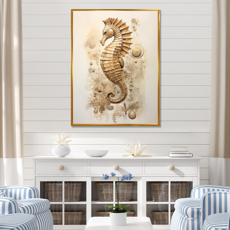Hippocampe magique beige III sur toile, Cadre flottant doré, H 44 po x l 34 po x P 1,5 po
