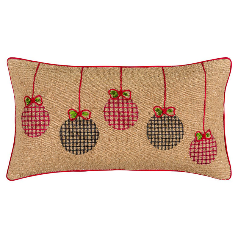 Embroidered Natural Cotton Jute Holiday Throw Pillow