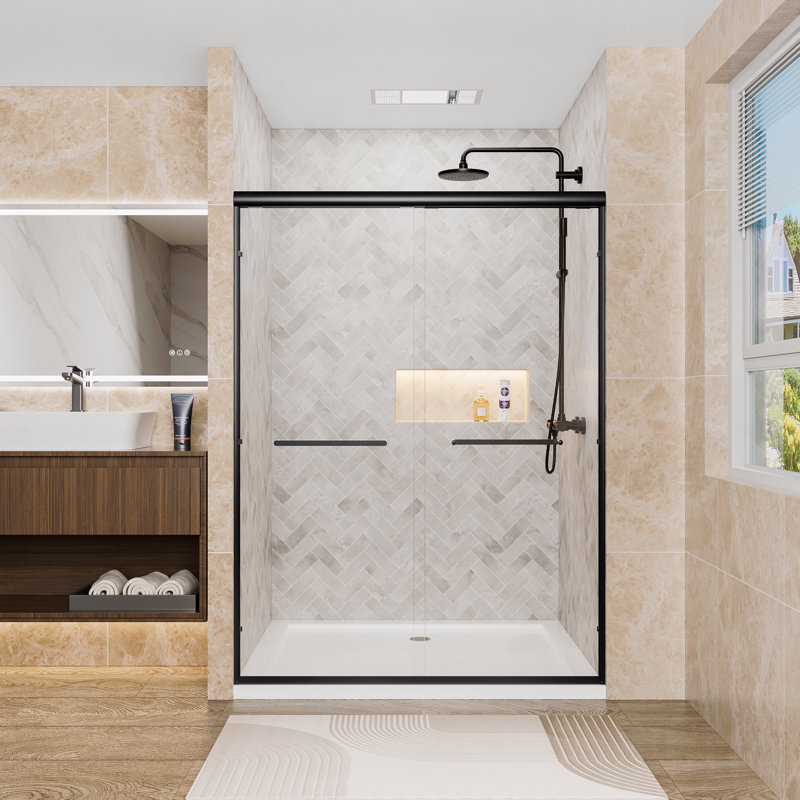 Aluminum Frame Material Double Sliding Opening Shower Door  - 1/4" (6Mm) Clear Tempered Glass With Explosion-Proof Film, Dual Stainless Steel Handles