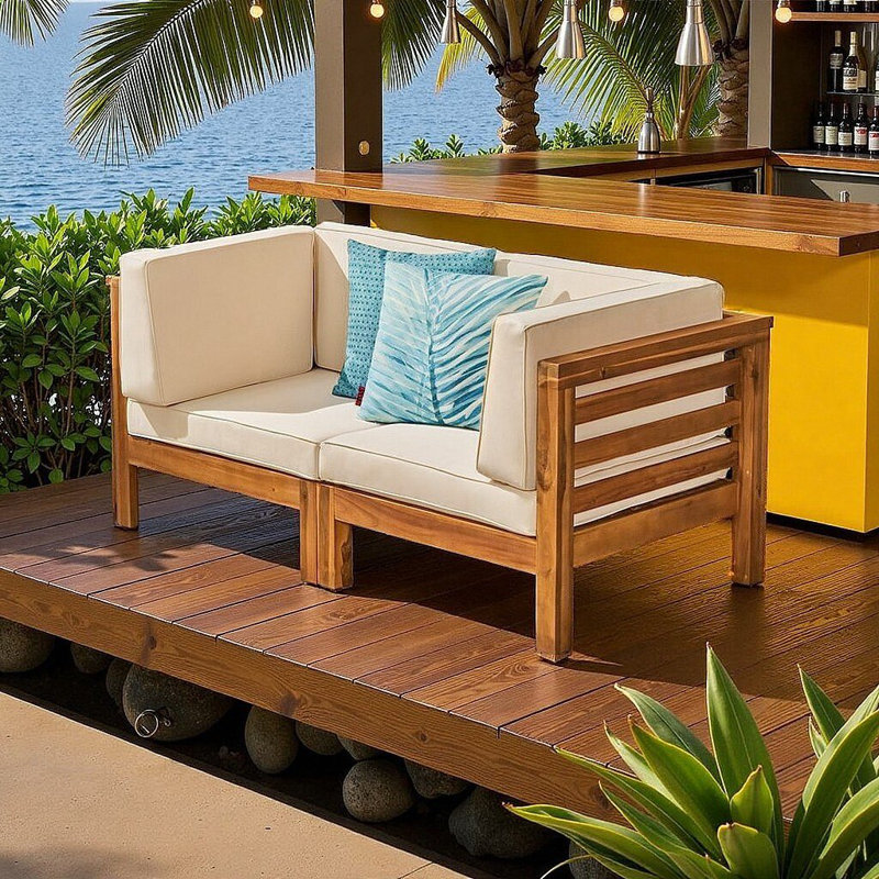 Ensemble de causeuse d'extérieur élégant en bois d'acacia de style Mid-Century | Canapé de patio peu encombrant | Résistant à l'eau et facile à assembler