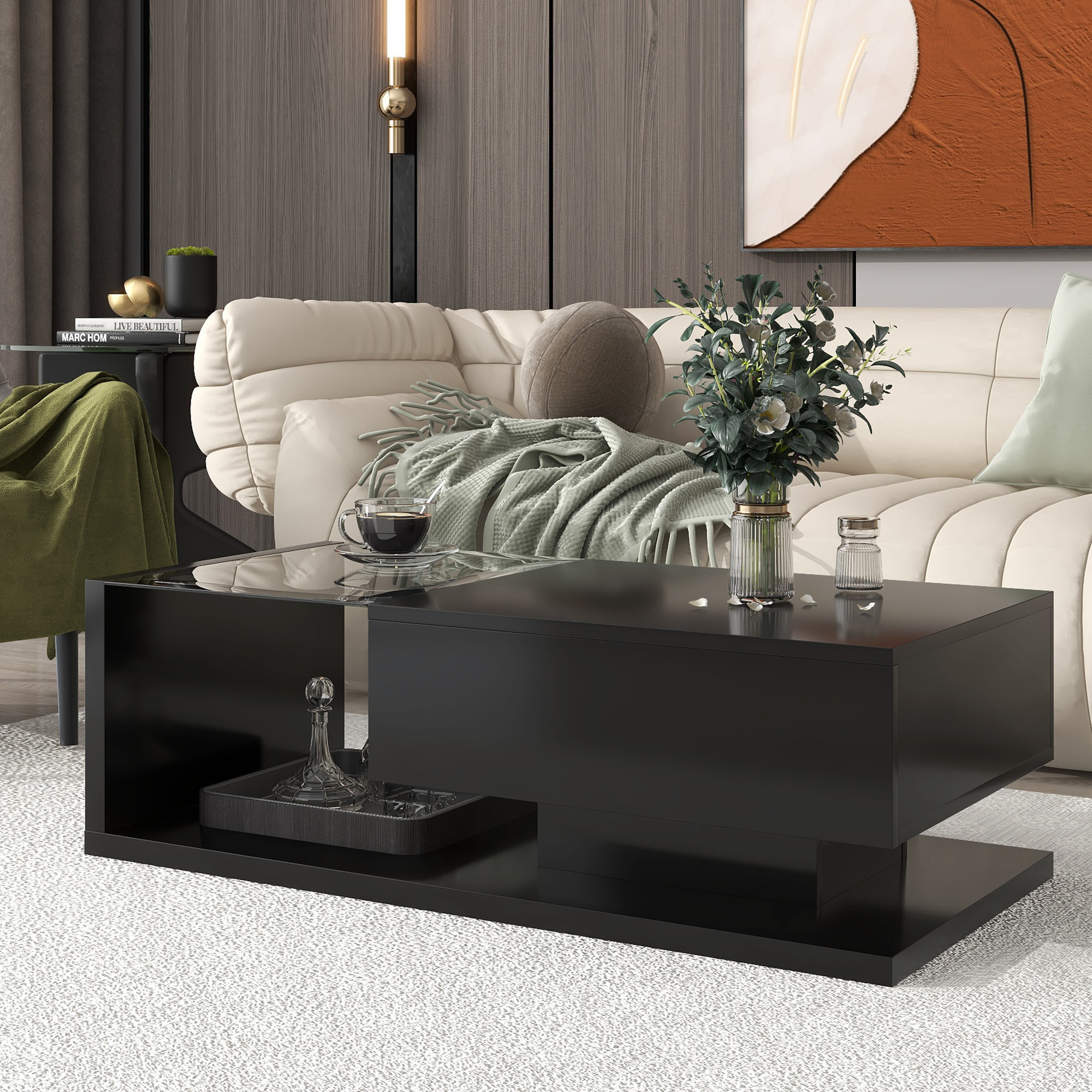 Latitude Run?? Rondelle Coffee Table with Storage,Modern Coffee Table with Tempered Glass ...