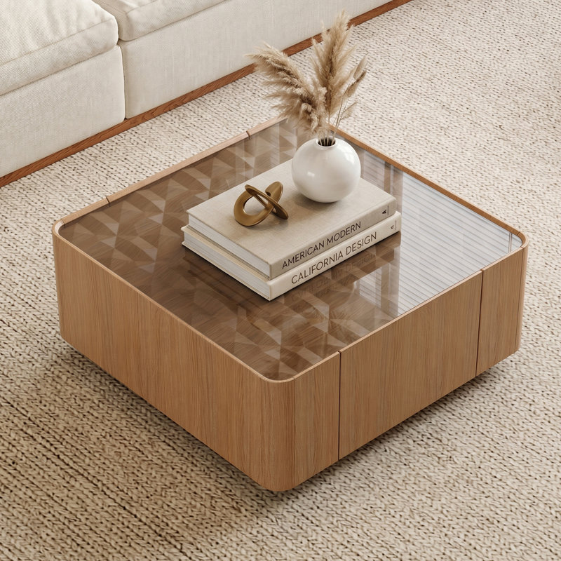 31.5" Modern Square Coffee Table With Glass Top & 2 Drawers, Wood Center Table For Living Room
