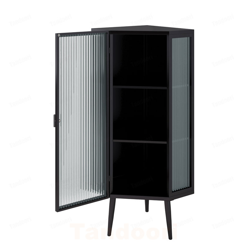 Armoire 22,25 po à trois niveaux avec portes en verre trempé et tablettes de rangement, Black