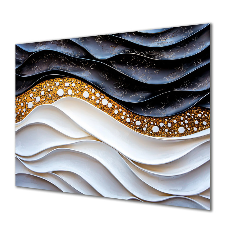 Cubic Wave White and Golden Underwater II - Abstract Cubism, impression sur métal moderne, H 12 po x l 20 po x P 0,84 po